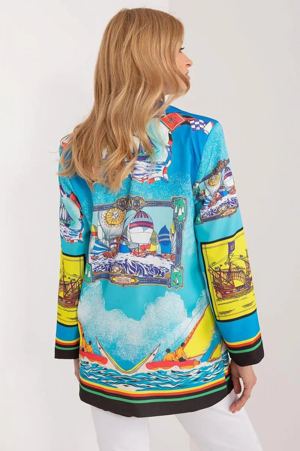 Women's Blazer - One-Button Geometric - Regular Fit Thigh-Length - Blue – Blazer | GUOCALI – view 3
