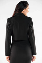 Women's Blazer - One-Button Solid Stretch Linen - Slim Fit Cropped - Black – Blazer | GUOCALI – view 3