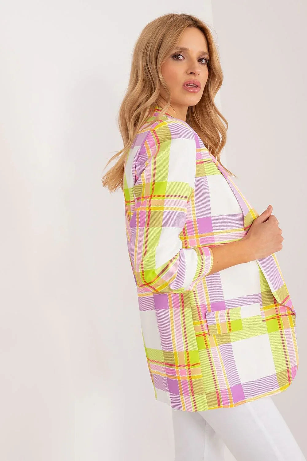 Women's Blazer - Open-Front Checkered - Regular Fit Hip-Length - Pink – Blazer | GUOCALI – view 2