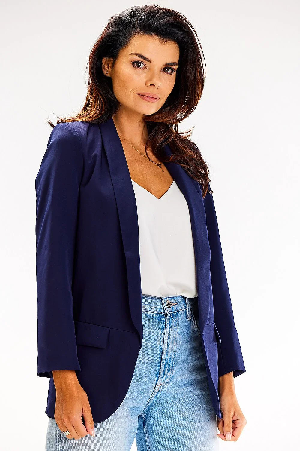 Women's Blazer - Open-Front Solid - Relaxed Fit Hip-Length - Navy – Blazer | GUOCALI – view 3