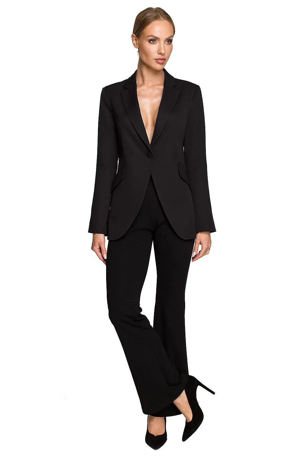 Women's Blazer - Single-Breasted Solid Linen - Slim Fit Hip-Length - Black – Blazer | GUOCALI – view 2