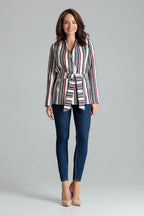 Women's Blazer - Tie-Waist Wrap Striped - Regular Fit Hip-Length - White – Blazer | GUOCALI – view 2