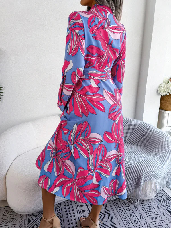 Women's Floral Print Lapel Tie Shirt Dress-Padded Bra-GUOCALI