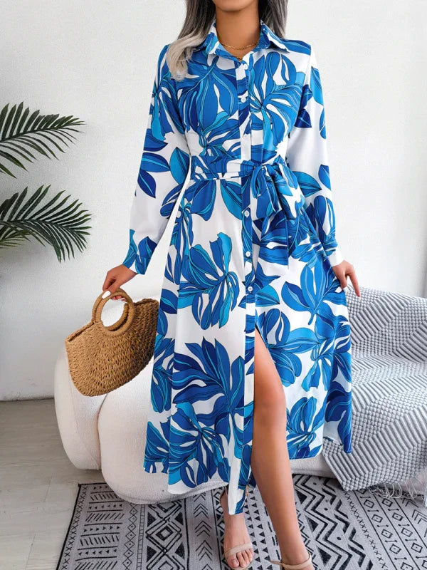 Women's Floral Print Lapel Tie Shirt Dress-Padded Bra-GUOCALI