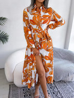 Women's Floral Print Lapel Tie Shirt Dress-Padded Bra-GUOCALI