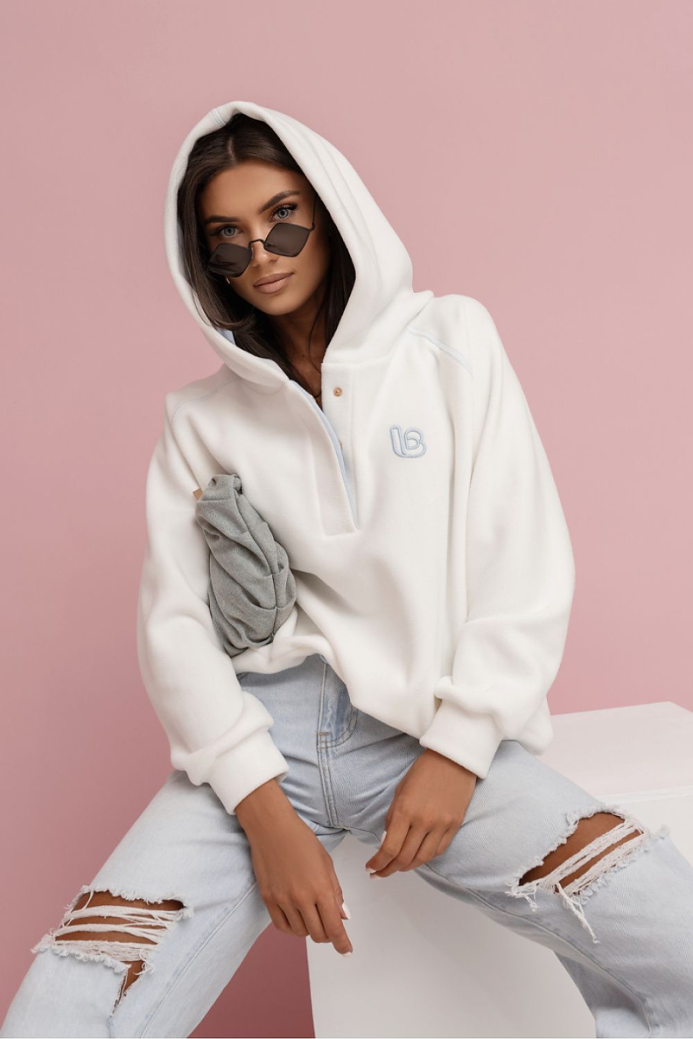 Women's Hoodie Button Placket Logo Stretch Cotton – Hoodie | GUOCALI – view 4