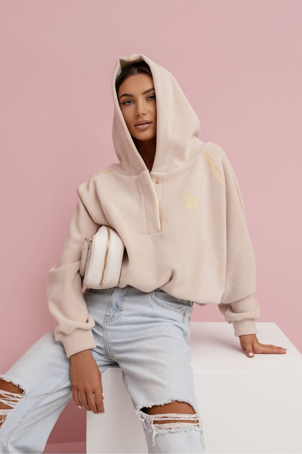 Women's Hoodie Cropped Fleece Beige – Hoodie | GUOCALI – view 2