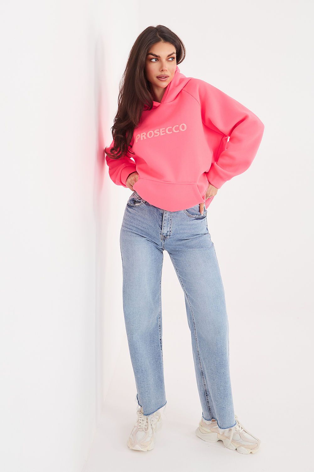 Women's Hoodie Embroidered Lettering Kangaroo Pocket Pink – Hoodie | GUOCALI – view 2