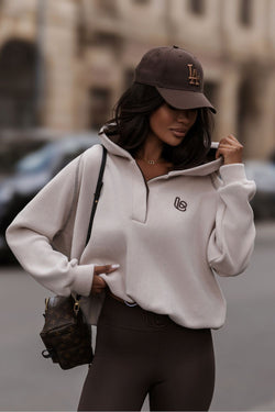 Women's Hoodie Fleece Open Front Logo Beige – Hoodie | GUOCALI