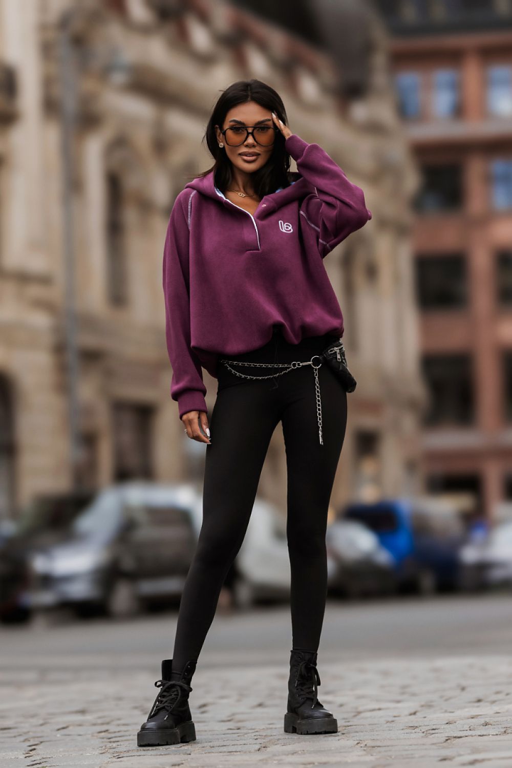 Women's Hoodie Fleece Quarter-Zip Stretch Cotton Violet – Hoodie | GUOCALI – view 2