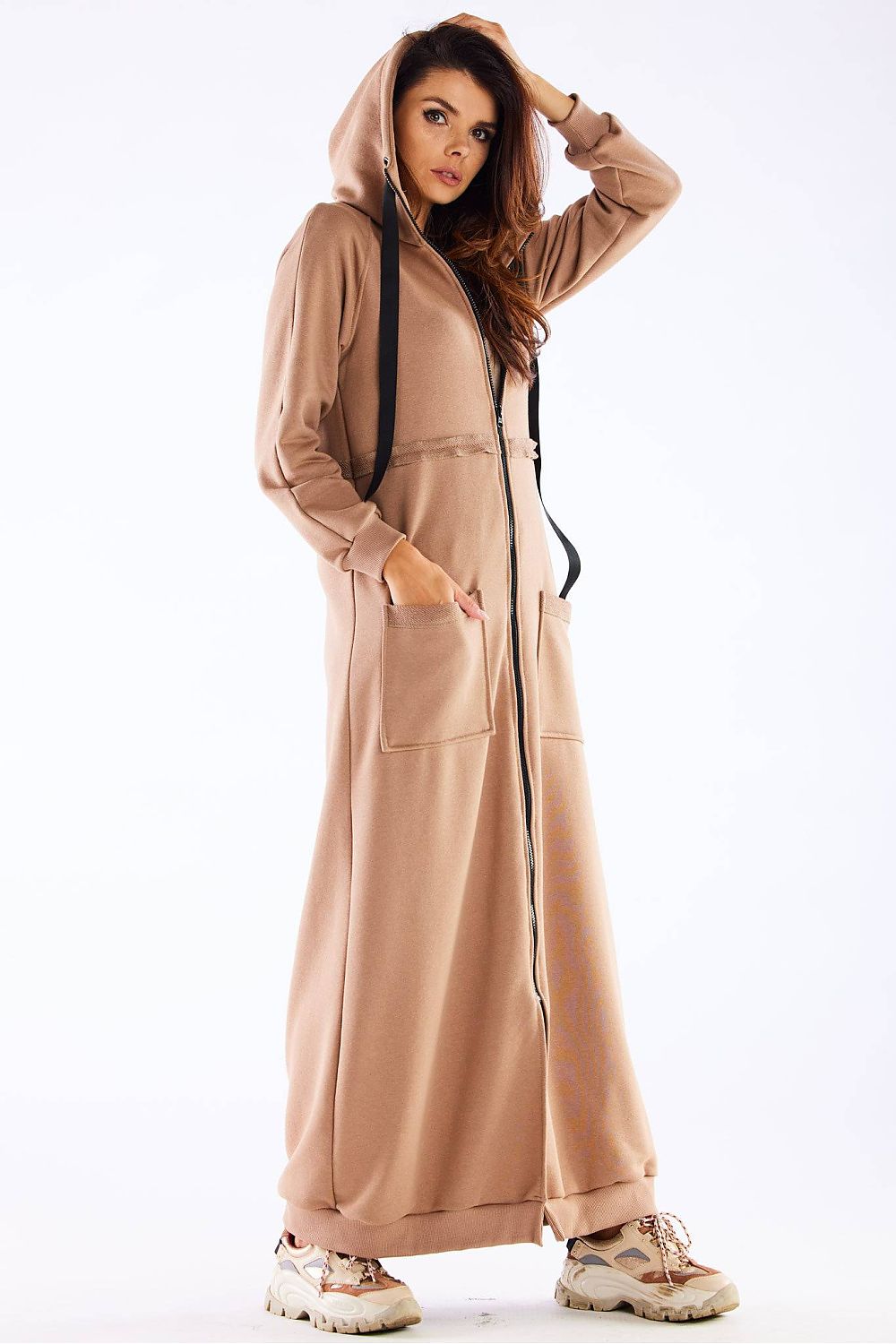 Women's Hoodie Longline Full-Zip Beige – Hoodie | GUOCALI – view 2