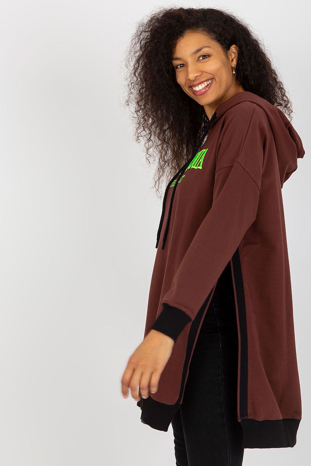 Women's Hoodie Longline Side Slits Logo Patch Drawstring – Hoodie | GUOCALI – view 3