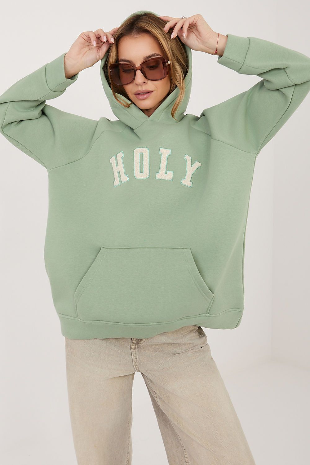 Women's Hoodie Oversized Embroidered Logo Kangaroo Pocket Green – Hoodie | GUOCALI