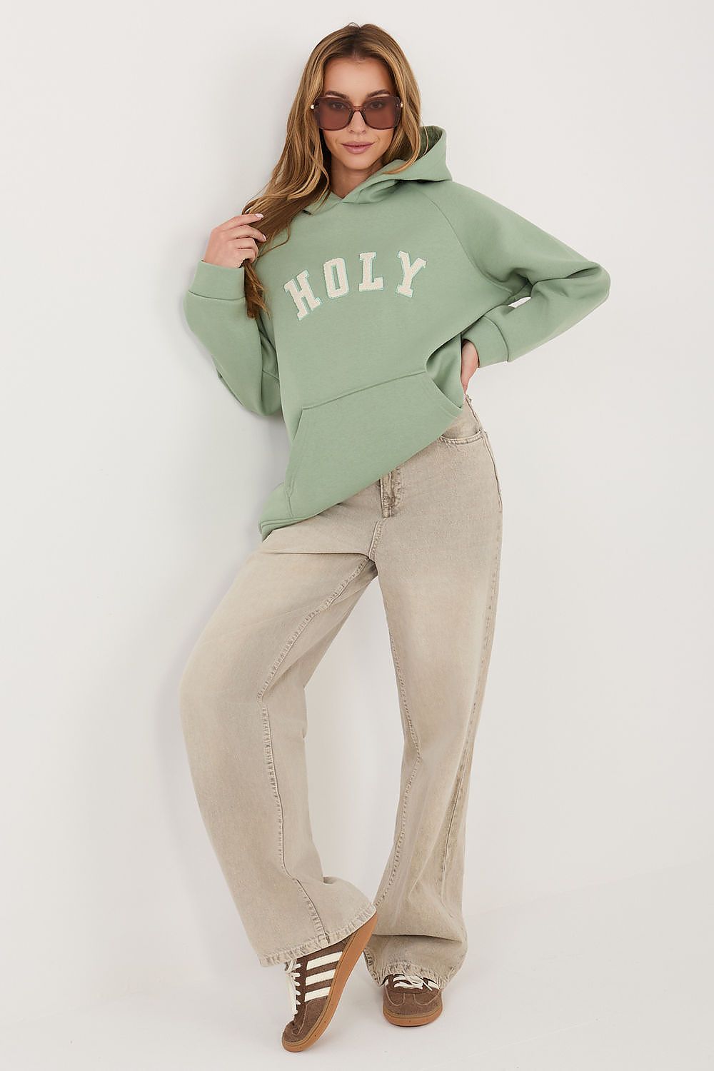 Women's Hoodie Oversized Embroidered Logo Kangaroo Pocket Green – Hoodie | GUOCALI – view 2