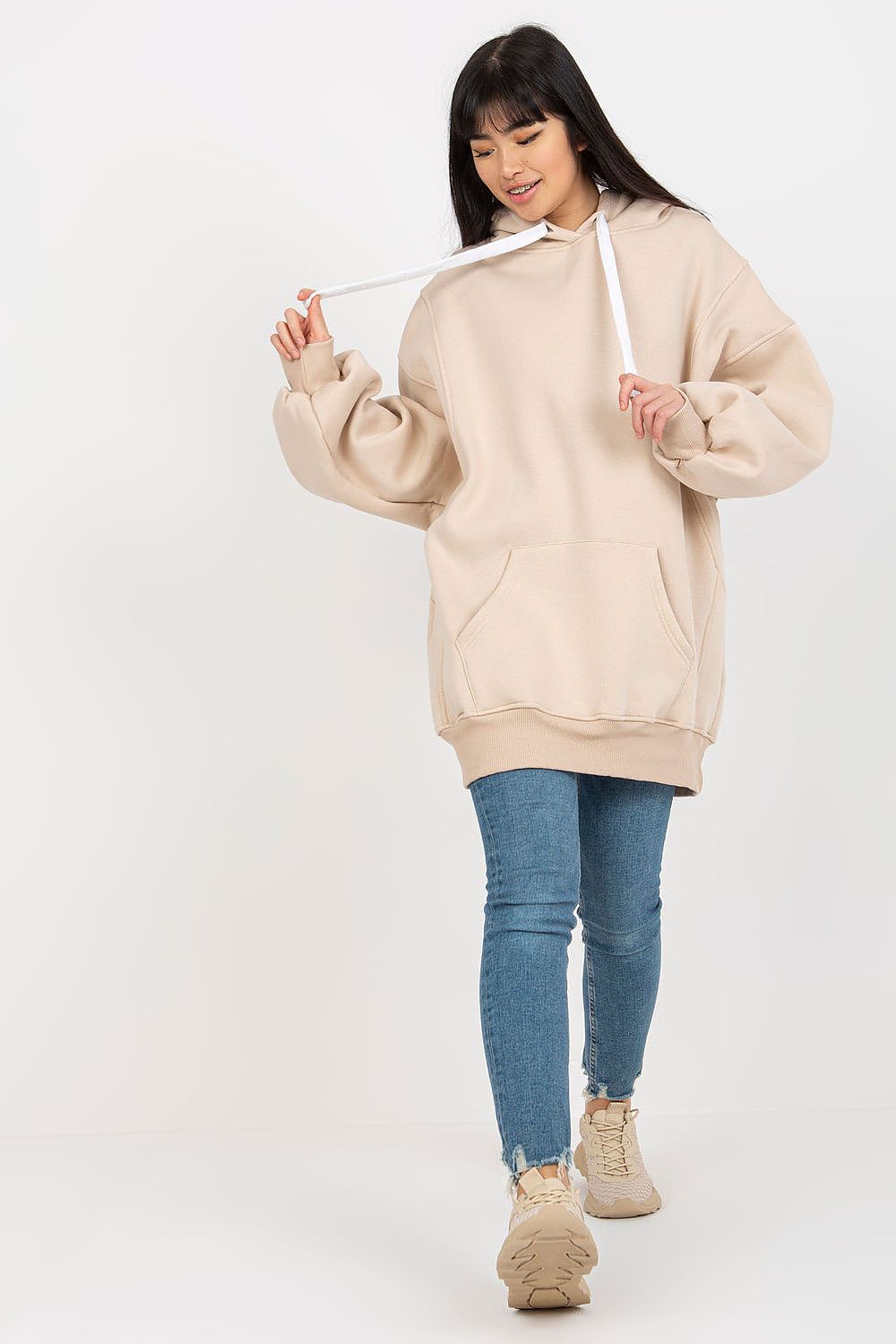 Women's Hoodie Oversized Longline Beige – Hoodie | GUOCALI – view 2