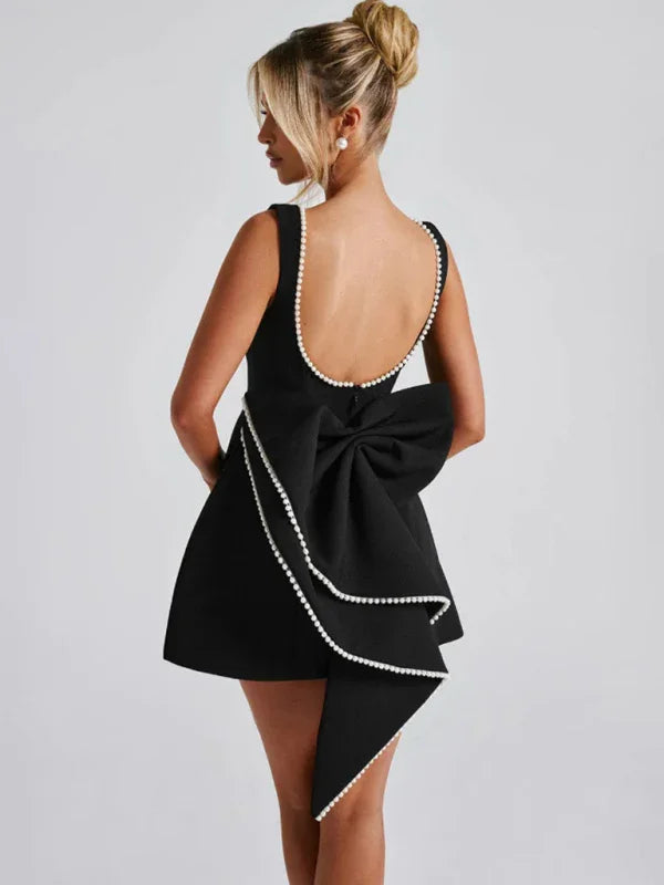 Women's Pearl Bow Fashion Slim Short Skirt Back Hot Girl A-Line Dress-Skirt-GUOCALI