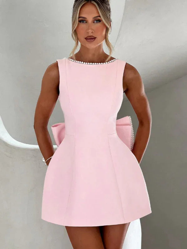 Women's Pearl Bow Fashion Slim Short Skirt Back Hot Girl A-Line Dress-Skirt-GUOCALI