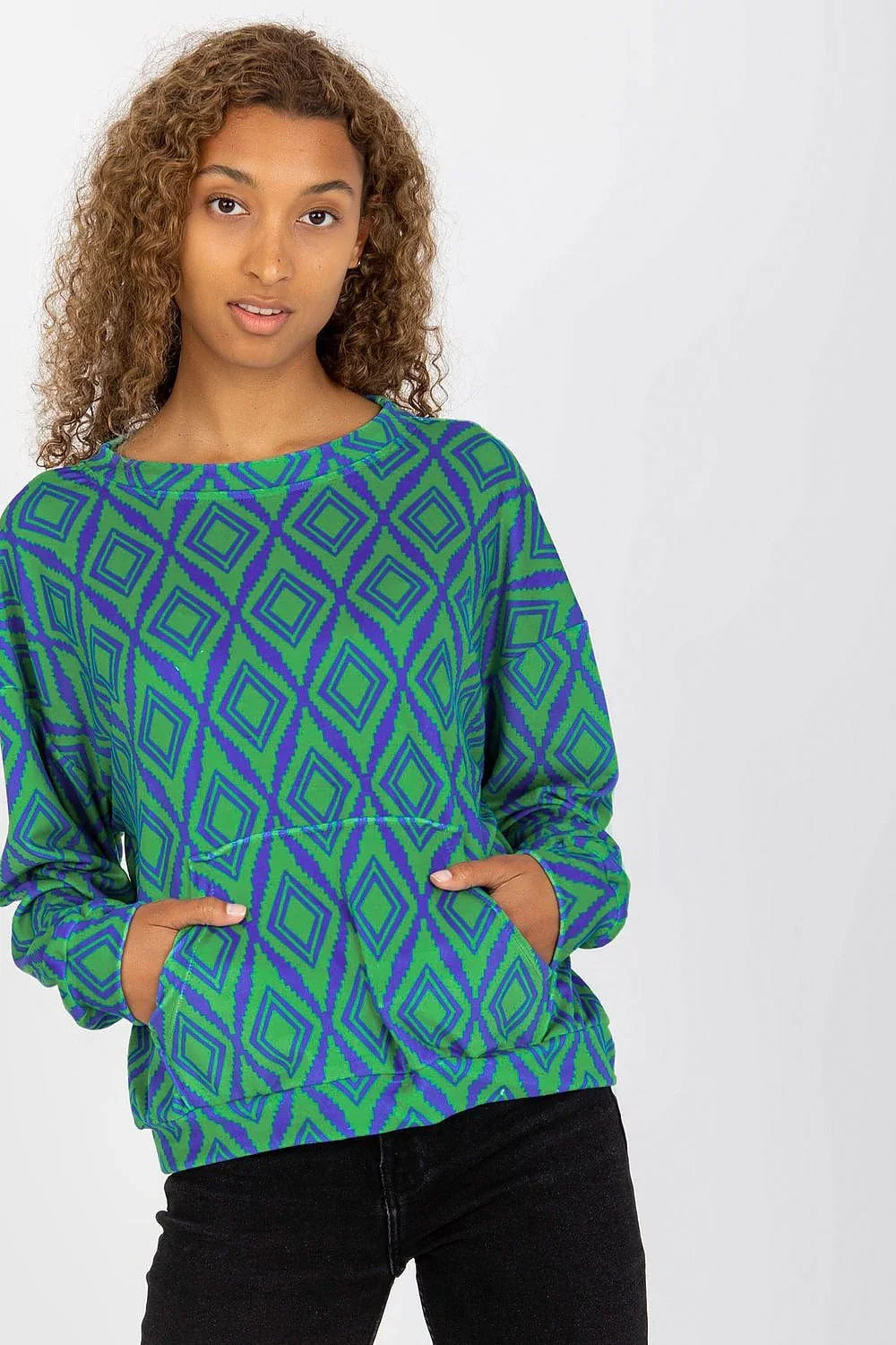 Women's sweatshirt Crew Neck Geometric Kangaroo Pocket Green – main view