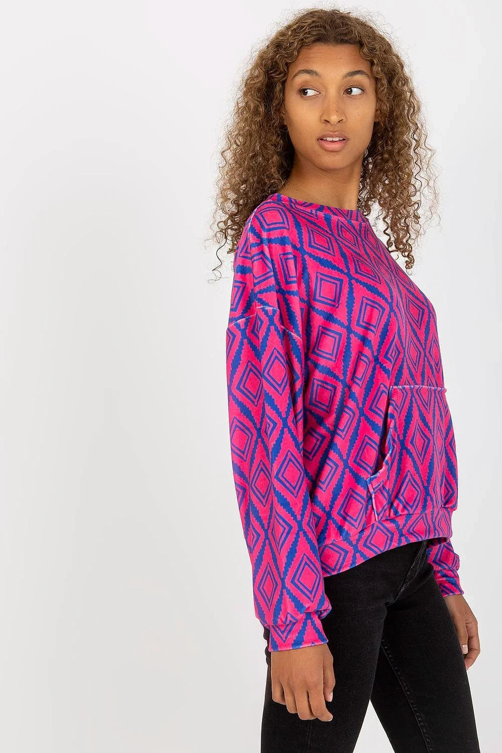 Women's sweatshirt Crew Neck Geometric Kangaroo Pocket Pink – view 2