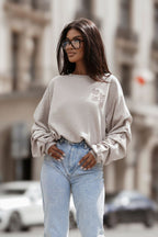 Women's Sweatshirt Crew Neck Loose Fit Stretch Cotton Beige – Sweatshirt | GUOCALI