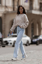 Women's Sweatshirt Crew Neck Loose Fit Stretch Cotton Beige – Sweatshirt | GUOCALI – view 2