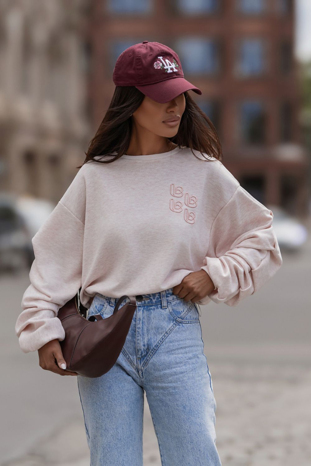 Women's Sweatshirt Crew Neck Loose Fit Stretch Cotton Pink – Sweatshirt | GUOCALI
