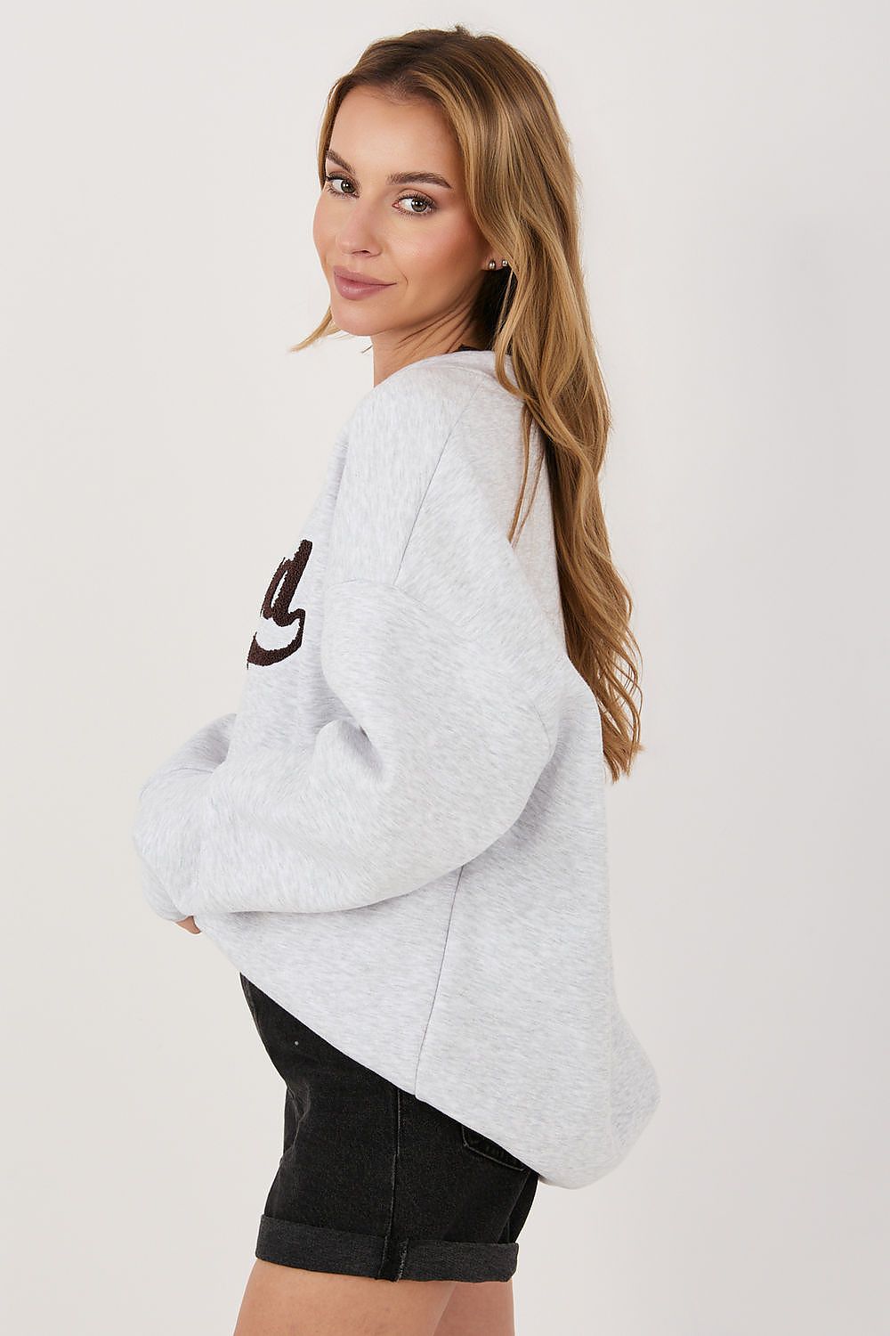Women's Sweatshirt Embroidered Lettering Crew Neck Stretch Cotton Grey – Sweatshirt | GUOCALI – view 2