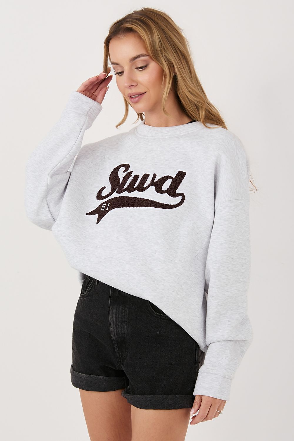 Women's Sweatshirt Embroidered Lettering Crew Neck Stretch Cotton Grey – Sweatshirt | GUOCALI – view 4