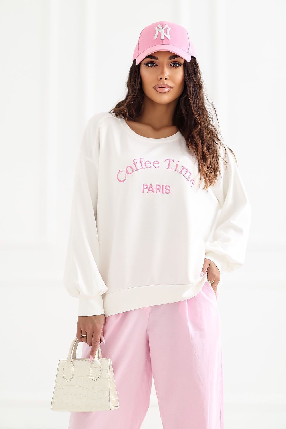 Women's Sweatshirt Embroidered Lettering Puff Sleeve Beige – Sweatshirt | GUOCALI