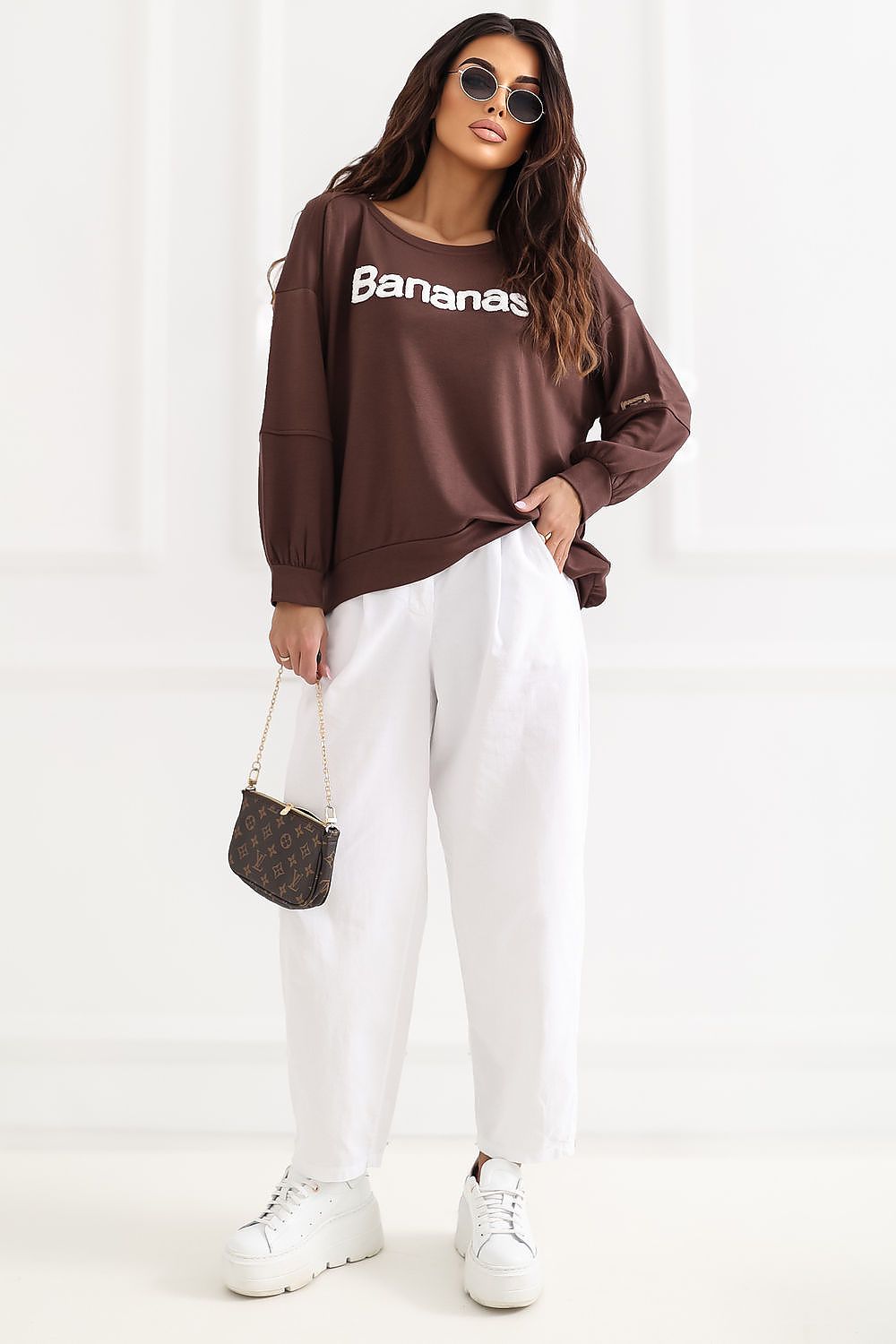 Women's Sweatshirt Embroidered Lettering Sleeve Patch Brown – Sweatshirt | GUOCALI – view 2