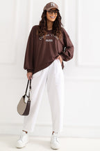 Women's Sweatshirt Embroidered Logo Puff Sleeve Brown – Sweatshirt | GUOCALI
