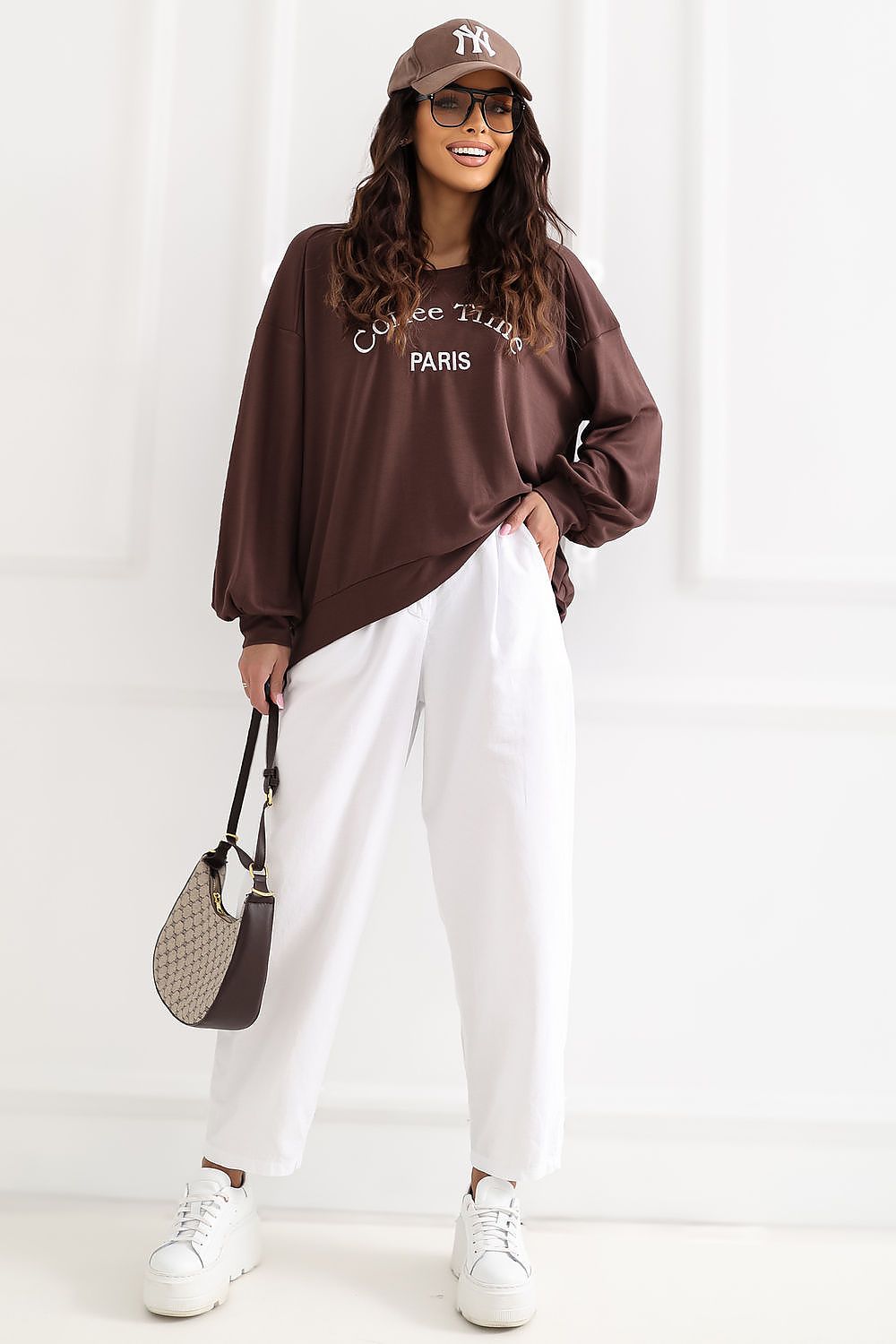 Women's Sweatshirt Embroidered Logo Puff Sleeve Brown – Sweatshirt | GUOCALI