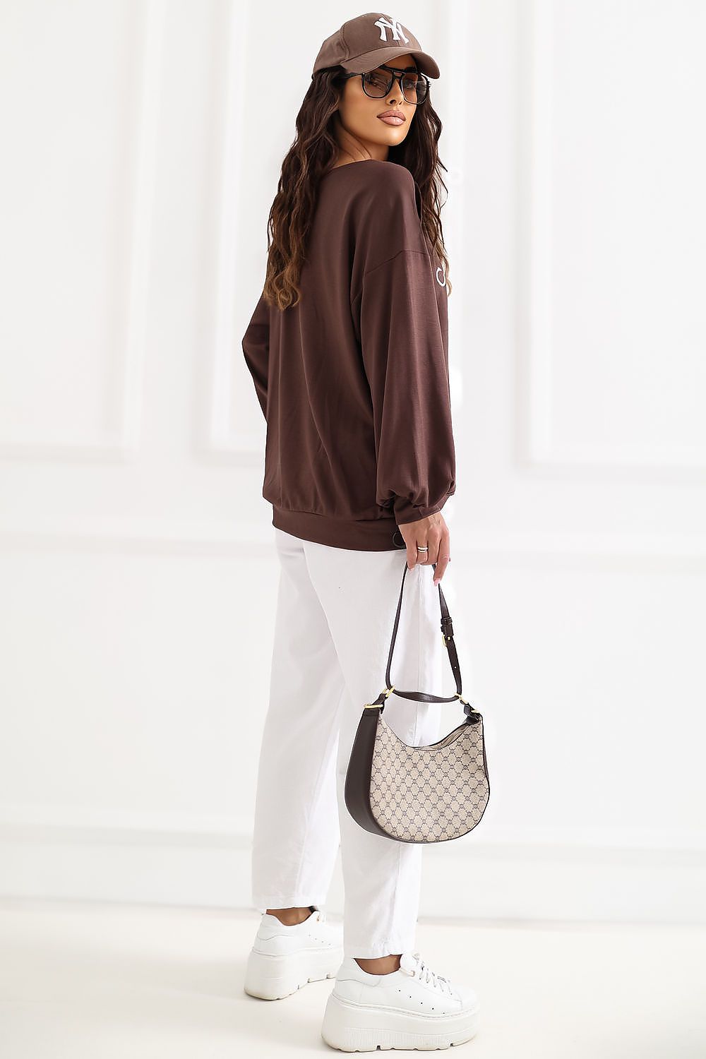 Women's Sweatshirt Embroidered Logo Puff Sleeve Brown – Sweatshirt | GUOCALI – view 2