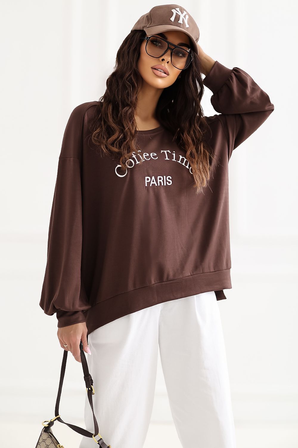 Women's Sweatshirt Embroidered Logo Puff Sleeve Brown – Sweatshirt | GUOCALI – view 3