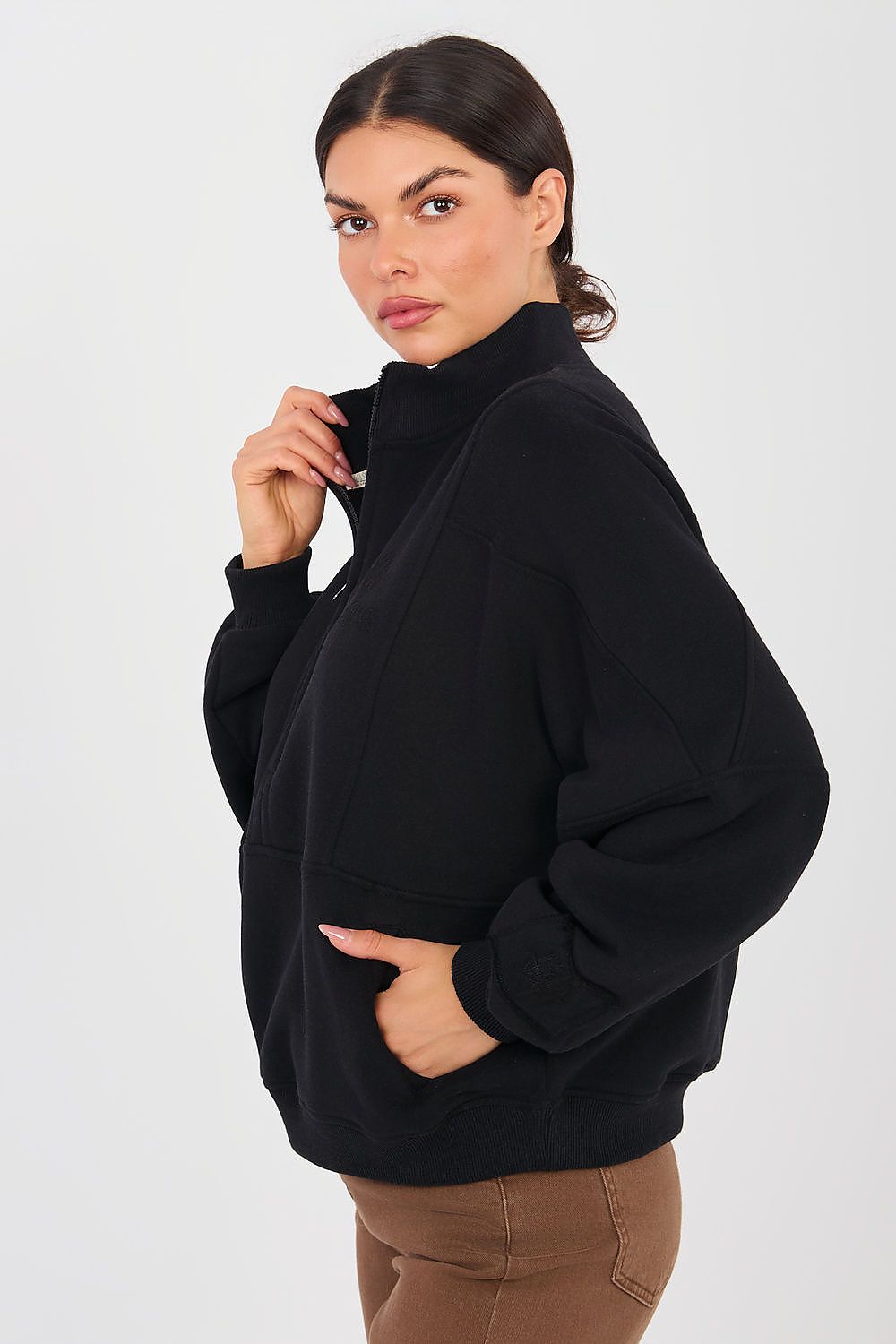 Women's Sweatshirt Mock Neck Half-Zip Embroidered Stretch Cotton – Sweatshirt | GUOCALI – view 9