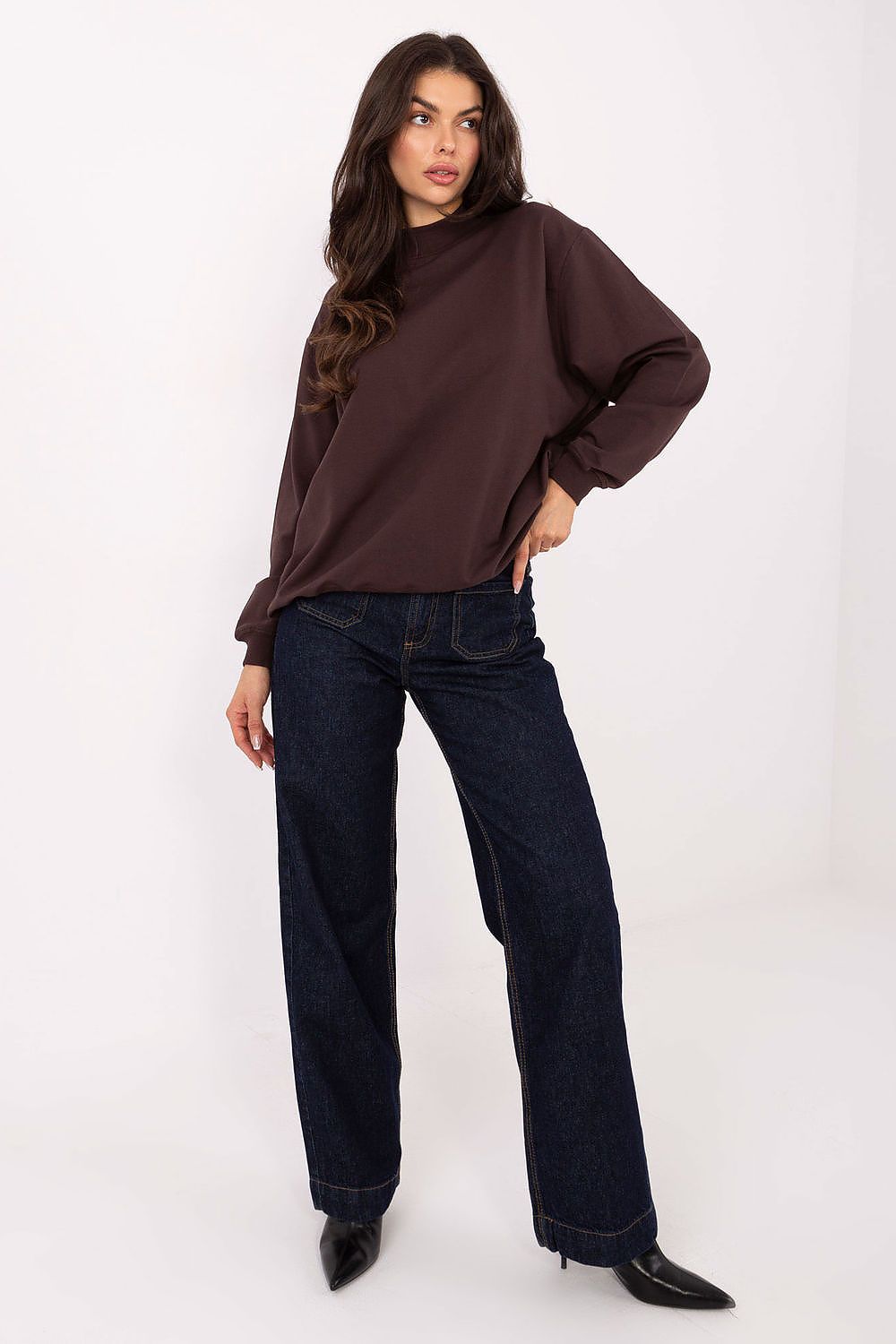 Women's Sweatshirt Mock Neck Stretch Cotton Brown – Sweatshirt | GUOCALI – view 2