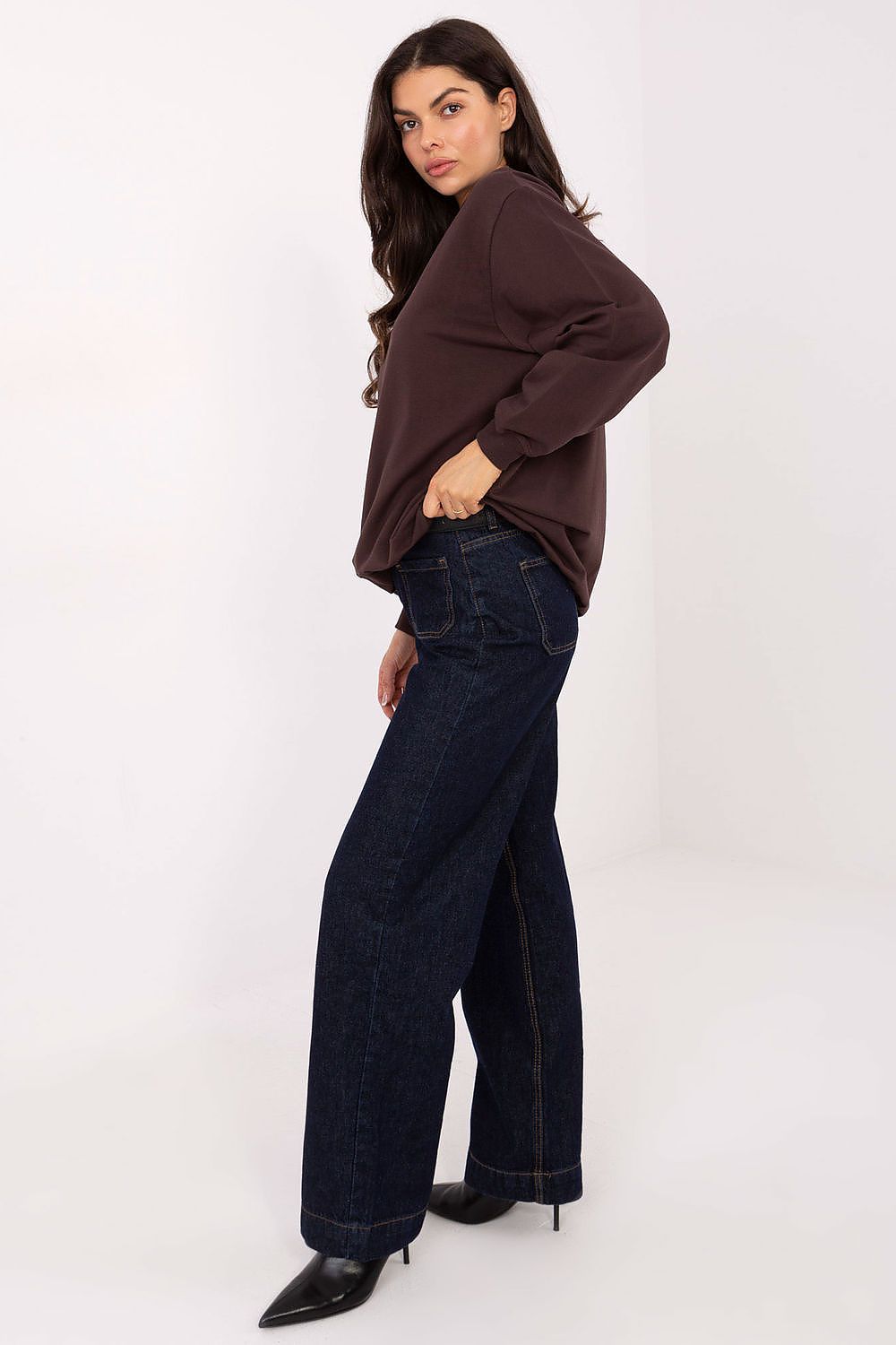 Women's Sweatshirt Mock Neck Stretch Cotton Brown – Sweatshirt | GUOCALI – view 4