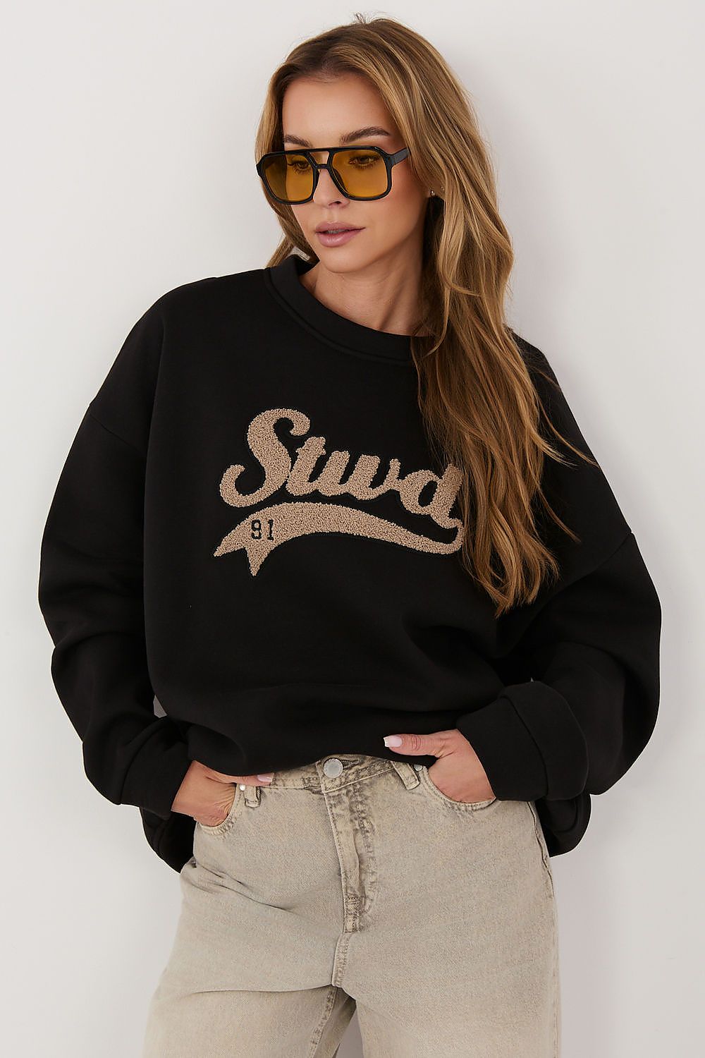 Women's Sweatshirt Oversized Embroidered Lettering Stretch Cotton Black – Sweatshirt | GUOCALI