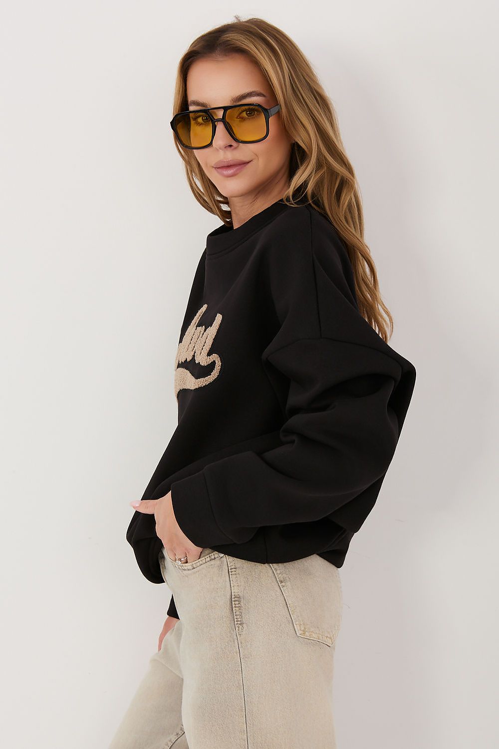 Women's Sweatshirt Oversized Embroidered Lettering Stretch Cotton Black – Sweatshirt | GUOCALI – view 2