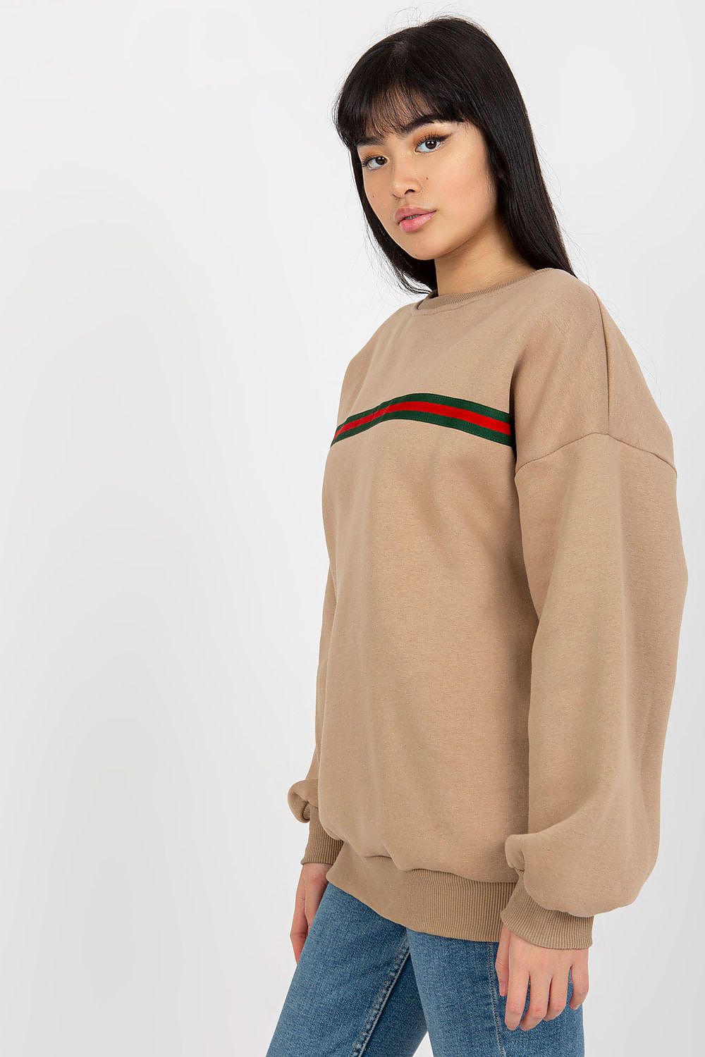 Women's Sweatshirt Striped Crew Neck Beige – Sweatshirt | GUOCALI – view 2