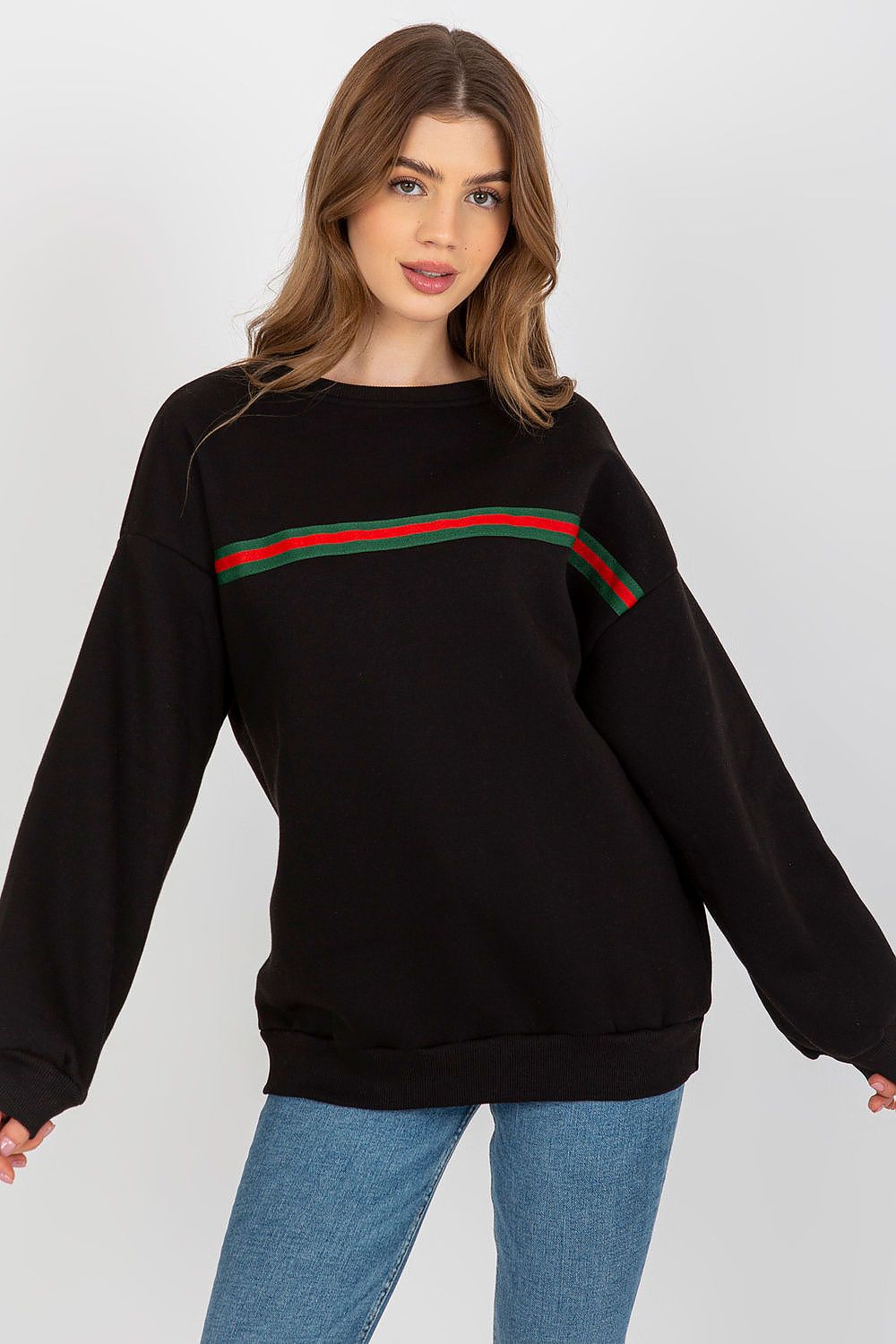 Women's Sweatshirt Striped Crew Neck Black – Sweatshirt | GUOCALI – view 2