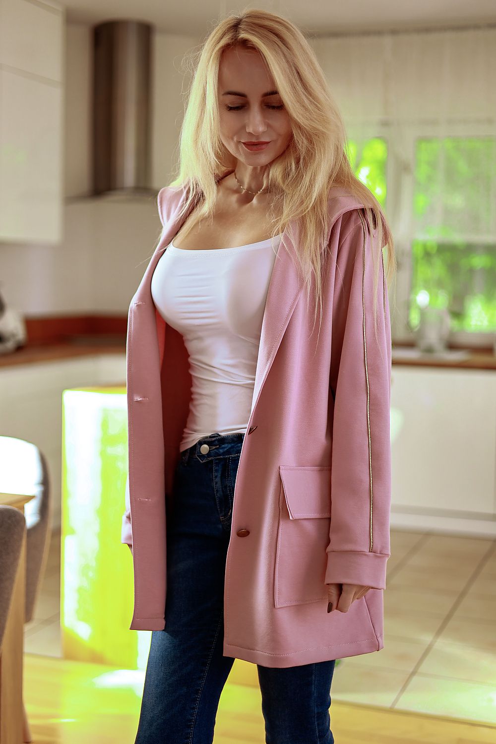 Women's Sweatshirt V-Neck Button Longline Stretch Cotton – Sweatshirt | GUOCALI – view 2