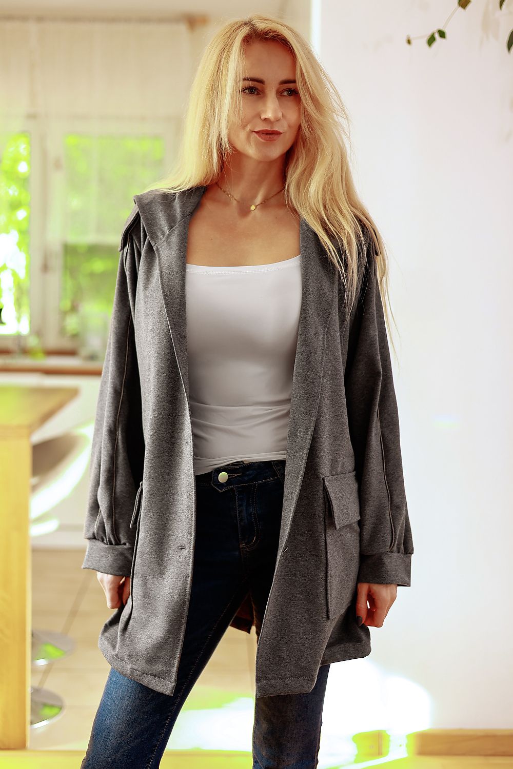 Women's Sweatshirt V-Neck Button Longline Stretch Cotton – Sweatshirt | GUOCALI – view 6