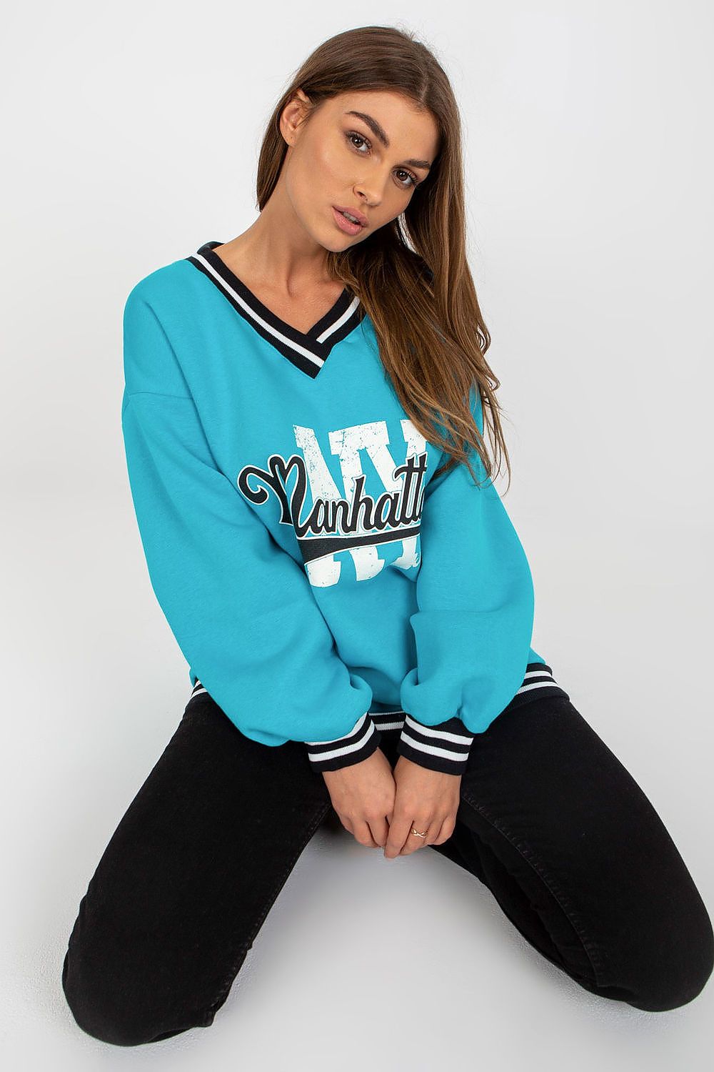 Women's Sweatshirt V-Neck College Print Contrast Ribbing – Sweatshirt | GUOCALI – view 8