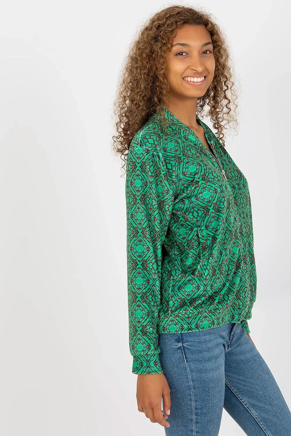 Women's sweatshirt Zip-Up Geometric Side Pockets Green – view 2