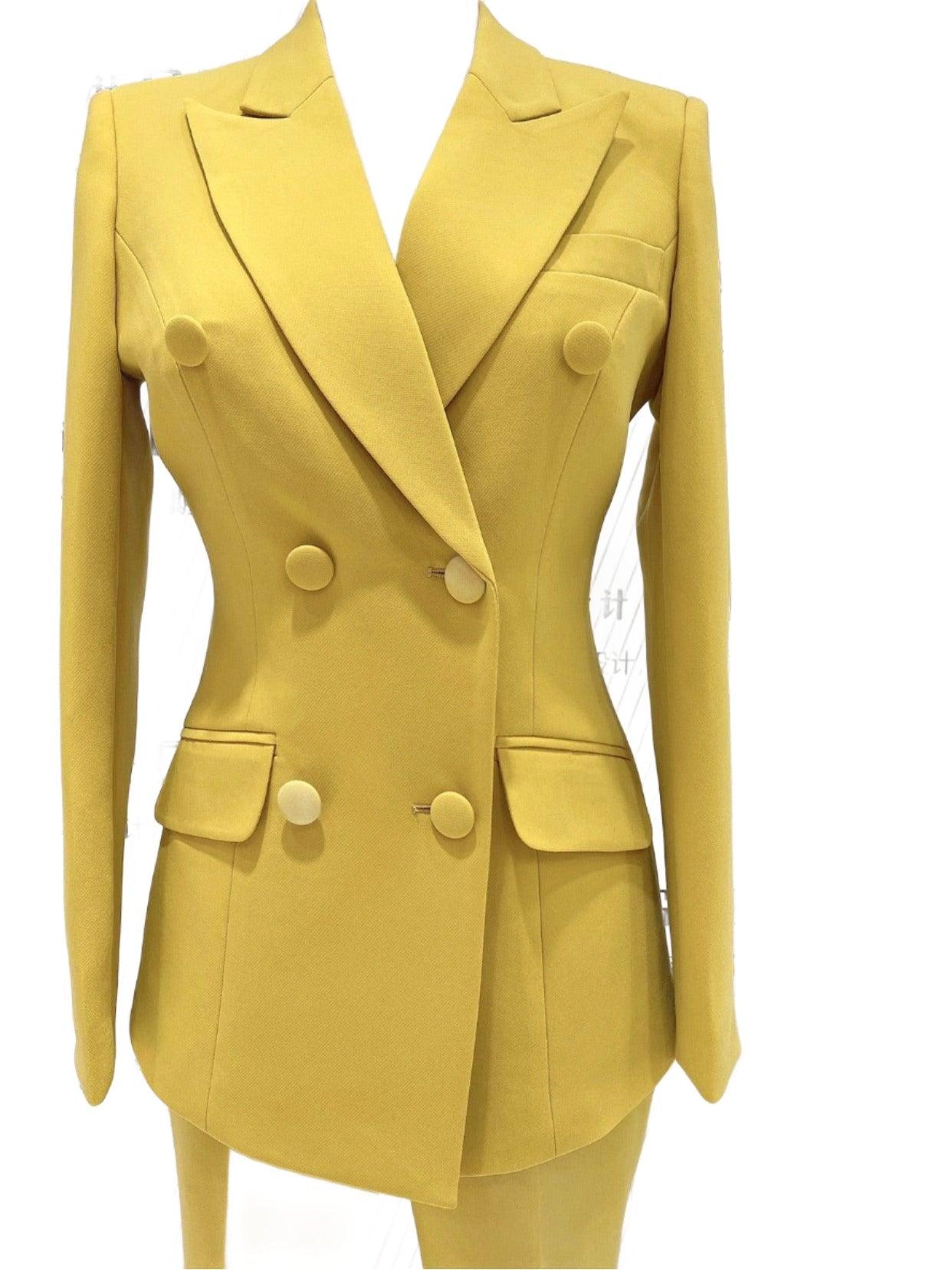 Yellow Double-Breasted Pant Suit - Flared Women Suit - Pantsuit - Guocali