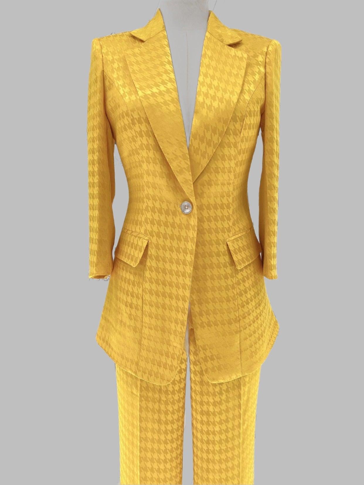 Yellow Plaid Women Pant Suit - Thin Half Sleeve Trouser Suit - Pantsuit - Guocali